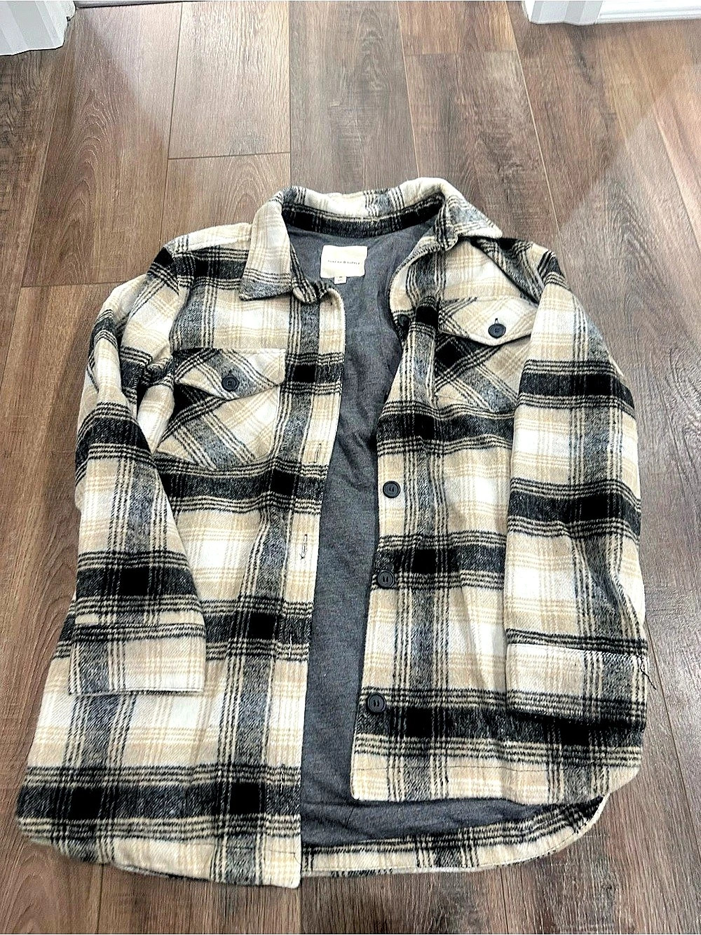 Thread & Supply Plaid Polar Fleece Shacket Black & Cream Medium